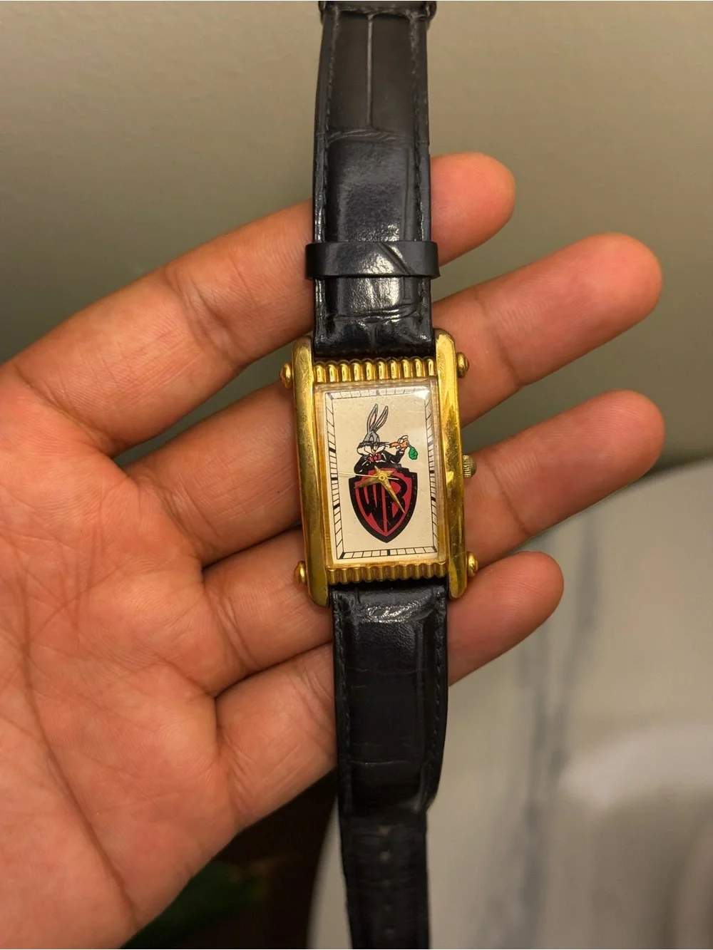 Warner Bros Vintage 1990s. Bugs Bunny Gold Tank Watch, black leather strap rare